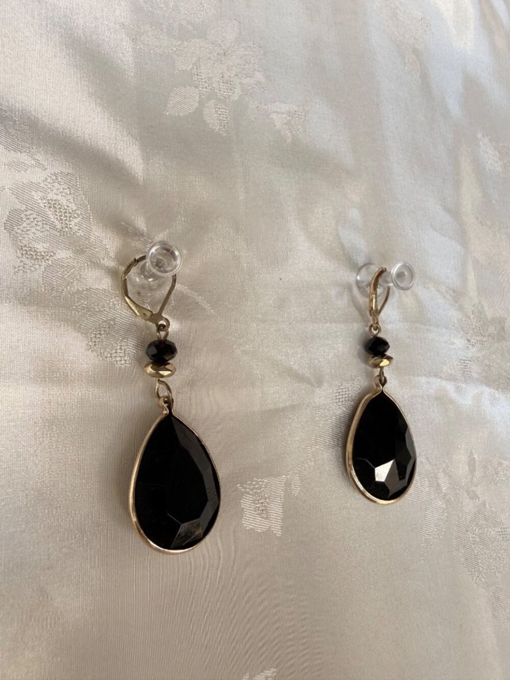 Gold-tone & Black Faceted Faux Gem Teardrop Dangle Earrings - Leverback Closures